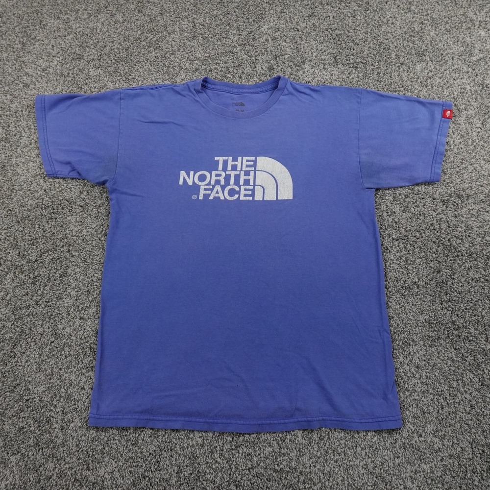North Face Shirt Mens Medium Blue Spellout Logo Outdoor Casual Hiking Trek Trail